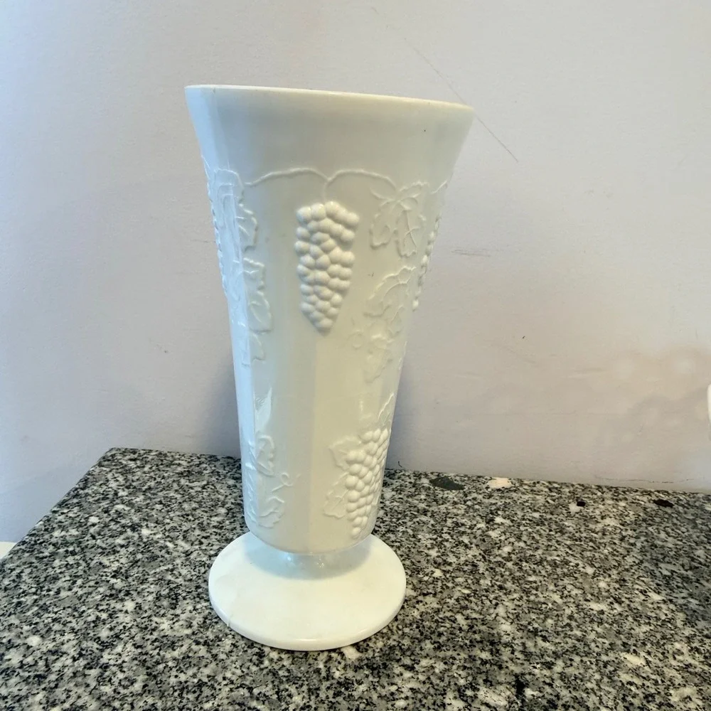 Vintage Milk Glass Grape Harvest Trumpet Vase White Pressed Glass 9 Inch